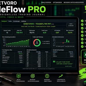Peut inclure: Un tableau de bord numérique de journal de trading intitulé SHEETVORO TradeFlow PRO affiché sur un écran. L'interface en mode sombre avec des accents verts présente des mesures de performance, des graphiques de profits et pertes et des statistiques de trading. Inclut le texte : Discipline Creates Results, Tools for a Better Trader, et Plan, Trade, Review, Improve.