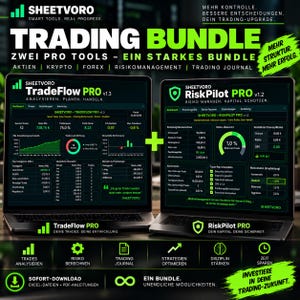 Könnte beinhalten: Zwei Laptops mit der Sheetvoro Trading Bundle Software, die TradeFlow PRO und RiskPilot PRO Oberflächen in Grün und Schwarz zeigen, inklusive Datencharts, Risikomanagement-Metriken und deutschem Text für die Finanzanalyse.