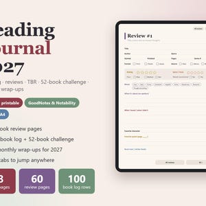 Lesetagebuch 2027, Digitales Lesetagebuch für GoodNotes + Druckbarer Buch-Tracker, Seiten für Buchrezensionen, Leseliste, 52-Bücher-Challenge, Leseprotokoll