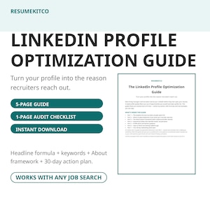Guide för optimering av LinkedIn-profil, tips för LinkedIn-rubriker, mall för LinkedIns Om-sektion, checklista för LinkedIn för jobbsökare