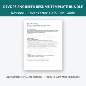 May include: A DevOps Engineer resume template bundle featuring a resume, cover letter, and ATS tips guide. The document includes sections for professional summary, certifications, experience, education, and skills with placeholder text.