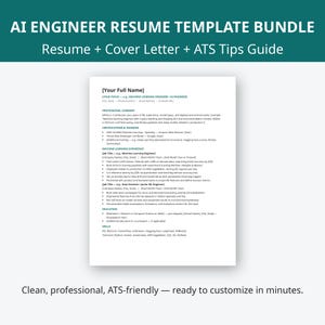 May include: An AI Engineer resume template bundle featuring a document with sections for professional summary, certifications, machine learning experience, education, and skills, with the text AI ENGINEER RESUME TEMPLATE BUNDLE at the top.