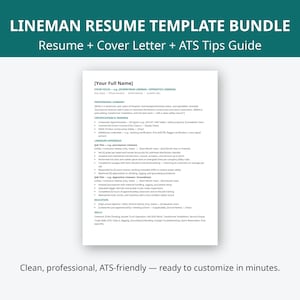 May include: A digital document template for a lineman resume, cover letter, and ATS tips guide. The white page features black text with blue headers, including sections for professional summary, certifications, experience, education, and skills.