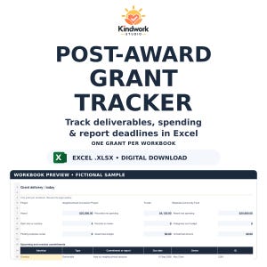 Può includere: Un modello di cartella di lavoro Excel per il monitoraggio delle sovvenzioni post-assegnazione di Kindwork Studio. Il documento presenta un'intestazione con il titolo, un indicatore di download digitale e un'anteprima di foglio di calcolo.