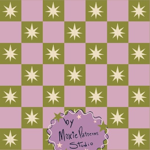 May include: A repeating checkered pattern of light purple and olive green squares, each containing a cream-colored eight-pointed star. A purple scalloped badge at the bottom features the text "by Moxie Patterns Studio" with small stars.