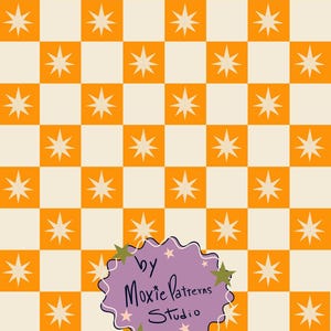 May include: A repeating pattern of orange and cream-colored squares, each containing a centered eight-pointed star. A purple, wavy-edged label is overlaid at the bottom, featuring the text "by Moxie Patterns Studio" and small green and pink stars.