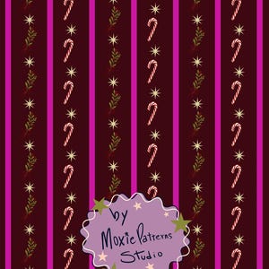 May include: A repeating pattern featuring vertical stripes in dark maroon and bright magenta. The design includes alternating columns of small white and red candy canes, green sprigs, and gold stars. A purple scalloped label reads by Moxie Patterns Studio.