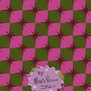 May include: A repeating pattern of alternating olive green and magenta squares, each featuring a dark brown eight-pointed star. A light purple scalloped label at the bottom displays the text by Moxie Patterns Studio with small star accents.