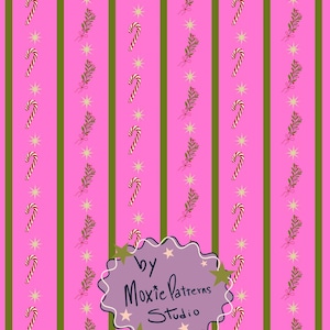 May include: A repeating pattern on a bright pink background featuring vertical olive green stripes, red and white candy canes, green mistletoe sprigs, and yellow stars. A purple scalloped label at the bottom reads by Moxie Patterns Studio.