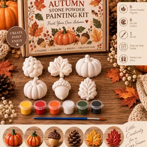 May include: An autumn stone powder painting kit in a cardboard box labelled AUTUMN STONE POWDER PAINTING KIT. Includes six white stone figures, six acrylic paint pots in yellow, red, orange, white, green, and black, and one paintbrush.