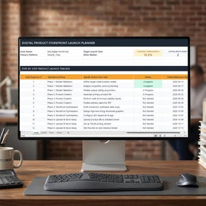 May include: A computer monitor displaying a Digital Product Storefront Launch Planner spreadsheet. The screen shows a step-by-step product launch tracker with columns for task sequence, operational phase, action items, status, and critical milestone dates.