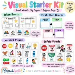 May include: A Visual Starter Kit featuring token boards, first-then boards, lanyard visuals, and safety visuals. The kit includes colorful icons for toys, drawing, computer, free choice, stop, wait, sit down, line up, clean up, quiet, safe hands, walk with teacher, help, bathroom, drink, hurt, yes, no, hungry, do not, stay with teacher, danger, ask first, safety first, stay in the classroom, and good choices.