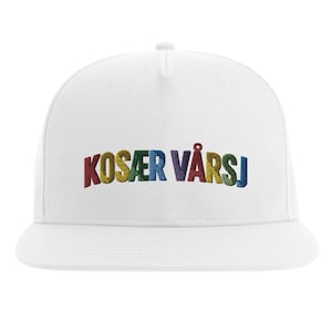 May include: A white baseball cap featuring the embroidered text KOSÆR VÅRSJ across the front panel. The letters are stitched in a variety of colours including red, yellow, green, blue, and purple, arranged in a slight arch across the centre.