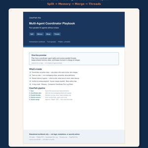 May include: A white document titled Multi-Agent Coordinator Playbook by ClearPath Kits, featuring sections on the one-line promise, contents, and pipeline for running parallel AI agents. The text includes headers like Split, Memory, Merge, and Threads.