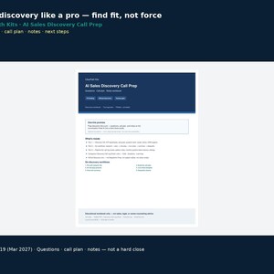 May include: A digital document titled AI Sales Discovery Call Prep by ClearPath Kits. The layout features a dark blue header with white text, followed by a white section detailing the one-line promise, contents, and six discovery workflows.