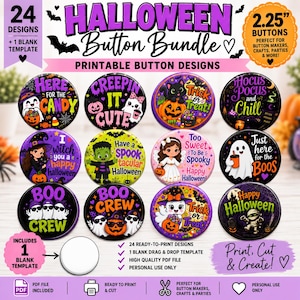 Puede incluir: Una colección digital de 24 diseños de botones imprimibles de Halloween, cada uno con un diámetro de 5,72 cm. Los gráficos muestran fantasmas, brujas, calabazas y momias con textos como Here for the Candy, Creepin It Cute y Boo Crew.