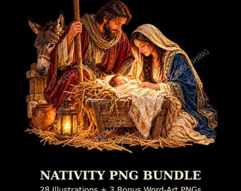 May include: A digital illustration of a nativity scene featuring a figure in a red robe holding a staff, a figure in a blue and gold robe, and an infant in a wooden manger filled with hay. A donkey, a lantern, and a clay pot are present.