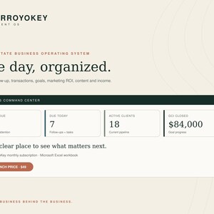 May include: A digital dashboard interface titled Arroyokey Agent OS for real estate business management. It displays a command center with metrics for overdue tasks, daily goals, active clients, and closed GCI, presented in a clean layout.