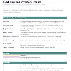 以下が含まれることがあります： Start Here、Daily Log、Subluxation Log、Beighton Scoreのタブを備えたナビゲーションバーがあるhEDS Health & Symptom Trackerのデジタルワークブックページ。このドキュメントには、症状の追跡や医師の診察準備のためのセクションが記載されています。