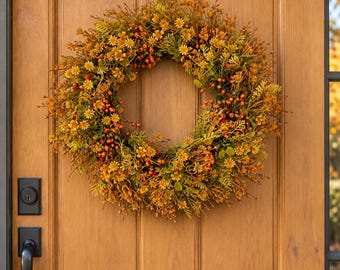 Autumn Wreath for Front Door, Fall Berry Wreath, Rustic Harvest Door Decor, Orange Greenery Wreath, Farmhouse Seasonal Decor