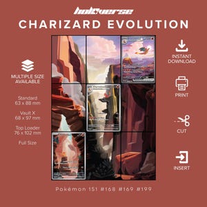 May include: A digital art display titled Charizard Evolution featuring three Pokémon trading cards: Charmander, Charmeleon, and Charizard ex. The cards are arranged in a grid against a dark red background with text indicating sizes 63 x 88 mm, 68 x 97 mm, and 76 x 102 mm, alongside icons for download, print, cut, and insert.