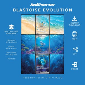 Può includere: Un display digitale che mostra la linea evolutiva di Blastoise con le carte collezionabili Squirtle, Wartortle e Blastoise. Il layout include il testo Pokémon 151 #170, #171, #200 e le specifiche di dimensione standard 63 x 88 mm, Vault X 68 x 97 mm e top loader 76 x 102 mm.