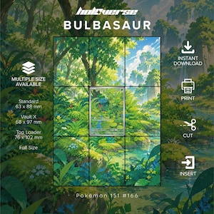 Op de afbeelding: Een digitale print met een Bulbasaur-verzamelkaart gecentreerd over een weelderig, groen boslandschap met een beekje. Tekst bevat "HoloVerse", "Bulbasaur", "Multiple Size Available", "Standard 63 x 88 mm", "Vault X 68 x 97 mm", "Top Loader 76 x 102 mm" en "Pokémon 151 #166".