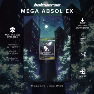 May include: A digital Mega Absol EX trading card graphic featuring a dark city night background with a full moon. Text includes "MEGA ABSOL EX" and "Mega Evolution #180". Size options listed are 63 x 88 mm, 68 x 97 mm, and 76 x 102 mm.
