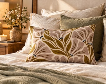 Botanical Floral Pattern Pillow Sham | Olive Leaves on Blush