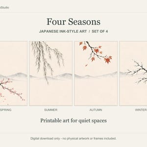 以下が含まれることがあります： Four Seasonsと題された4枚のデジタルアートプリントセット。日本の墨絵風の自然画が描かれています。各パネルは季節を表しており、春はピンクの花、夏は柳の枝、秋は赤いカエデの葉、冬の風景がそれぞれ描かれています。