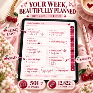 May include: A digital planner displayed on a tablet screen, titled YOUR WEEK, BEAUTIFULLY PLANNED OCT 2026 - OCT 2027. The interface features a weekly layout with sections for goals, priorities, to-do lists, and notes, decorated with cherry icons.