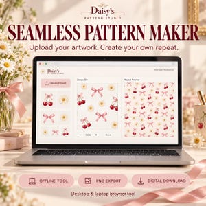Peut inclure: Un écran d'ordinateur portable affichant l'interface Daisy's Pattern Studio, un outil de création de motifs avec des sections pour importer des illustrations, des tuiles de design et un aperçu montrant des cerises et des marguerites.