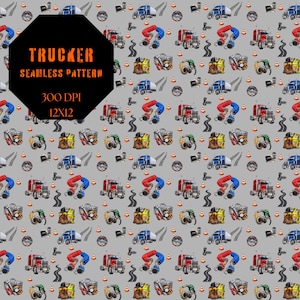 Op de afbeelding: Een naadloos patroon op een grijze achtergrond met illustraties van blauwe en rode vrachtwagens, spiraalvormige luchtslangen, oranje verkeerskegels, werkschoenen, veiligheidsvesten, brandstofpistolen en cirkelvormige emblemen met een wolf.