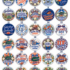 May include: A collection of thirty circular buttons featuring University of Florida Gators themes. Designs include text like Go Gators, Gator Girl, Gator Nation, and Game Day, decorated with footballs, orange blossoms, bows, and plaid patterns.