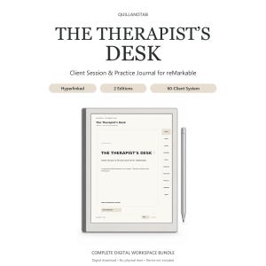 Könnte beinhalten: Ein digitales Tablet, das ein Dokument mit dem Titel THE THERAPIST'S DESK, Client Session & Practice Journal for reMarkable anzeigt. Der Bildschirm zeigt ein Navigationsmenü mit Reitern und ein Eingabestift befindet sich rechts neben dem Gerät.