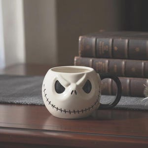 Può includere: Una tazza in ceramica rotonda color bianco sporco con un volto scolpito in tre dimensioni, occhi neri infossati, un naso piccolo e un disegno della bocca cucita. La tazza include un manico nero solido sul lato destro del recipiente.
