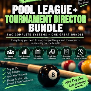May include: A digital pool league and tournament director bundle featuring text that reads Complete Bundle Pool League + Tournament Director Bundle. The graphic includes icons for managing players, tracking standings, organising tournaments, and tracking dues.