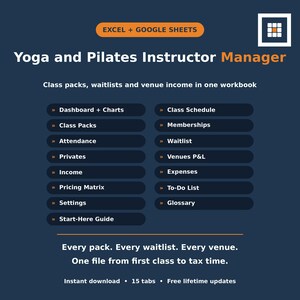 May include: A digital Yoga and Pilates Instructor Manager workbook for Excel and Google Sheets. The dark blue interface lists features including Dashboard, Charts, Class Schedule, Class Packs, Memberships, Attendance, Waitlist, Privates, Venues P&L, Income, Expenses, Pricing Matrix, To-Do List, Settings, Glossary, and a Start-Here Guide.