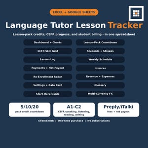 Puede incluir: Una hoja de cálculo digital Language Tutor Lesson Tracker para Excel y Google Sheets. La interfaz azul oscuro presenta texto blanco que enumera módulos como Dashboard, Lesson Log, Invoices y seguimiento de progreso CEFR para estudiantes.