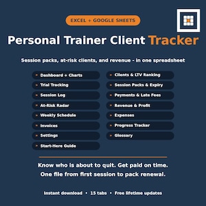 May include: A digital spreadsheet template for a Personal Trainer Client Tracker compatible with Excel and Google Sheets. The dark blue interface lists features including Dashboard, Charts, Trial Tracking, Session Log, At-Risk Radar, Weekly Schedule, Invoices, Settings, Start-Here Guide, Clients, LTV Ranking, Session Packs, Expiry, Payments, Late Fees, Revenue, Profit, Expenses, Progress Tracker, and Glossary.