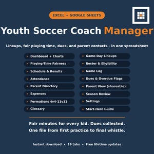 May include: A digital spreadsheet template titled Youth Soccer Coach Manager for Excel and Google Sheets. It lists features including lineups, playing-time fairness, dues, parent contacts, schedules, attendance, expenses, and a start-here guide.
