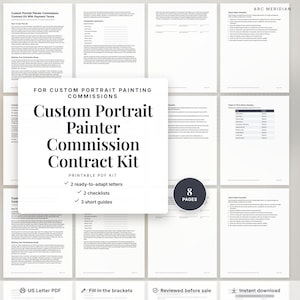 Może przedstawiać: Zestaw PDF do druku dla zleceń portretowych zawierający 8 stron szablonów umów, list kontrolnych i przewodników. Tekst zawiera Custom Portrait Painter Commission Contract Kit, 2 ready-to-adapt letters, 2 checklists oraz 3 short guides.