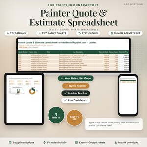 Könnte beinhalten: Eine digitale Tabellenkalkulationsvorlage für Malerbetriebe mit dem Titel Painter Quote & Estimate Spreadsheet. Sie enthält eine Haupttabelle, eine Dashboard-Ansicht auf einem Tablet und eine Mobiltelefonansicht. Funktionen umfassen 27 Formeln, zwei Diagramme, Status-Chips und Zahlenformate für Excel und Google Sheets.