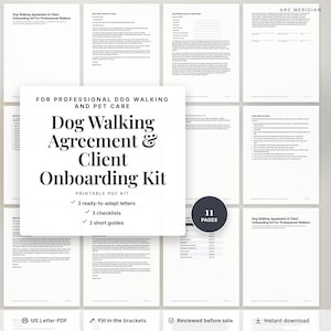 Könnte beinhalten: Ein druckbares PDF-Set für professionelle Hundebetreuung, bestehend aus einer Gassi-Vereinbarung und einem Onboarding-Kit für Kunden. Das Set umfasst 11 Seiten mit 3 anpassbaren Briefen, 3 Checklisten und 2 kurzen Leitfäden.