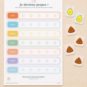 Puede incluir: Una tabla de recompensas para el entrenamiento de ir al baño titulada Je deviens propre con siete filas para los días de la semana, acompañada de seis pegatinas cuadradas con iconos de gotas de agua amarillas y heces marrones, un lápiz azul y tijeras.