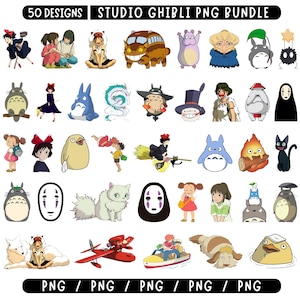 May include: A digital collection of 50 Studio Ghibli PNG designs featuring various animated characters, creatures, and vehicles from multiple films. The graphic set includes colorful illustrations of spirits, animals, and protagonists in a variety of poses.