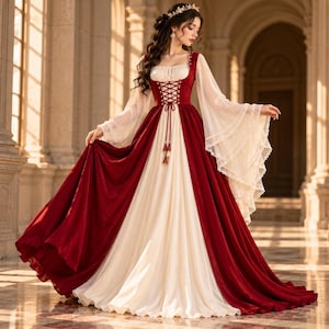 May include: A floor-length gown featuring a deep red velvet bodice with a lace-up corset front and long, flowing cream-colored sheer sleeves. The skirt consists of a full-length cream-colored base layer overlaid with deep red velvet panels.