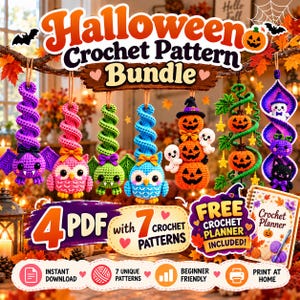 May include: A Halloween crochet pattern bundle featuring seven hanging ornaments including owls, bats, pumpkins, and ghosts. The text reads Halloween Crochet Pattern Bundle, 4 PDF with 7 crochet patterns, and Free Crochet Planner Included.