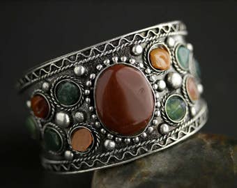 Vintage Cuff Bracelet. Artisan Cuff Bracelet. Gemstone Cuff Bracelet. Wide Bracelet. Vintage Jewelry.