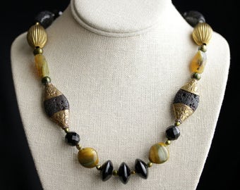 Vintage Necklace. Olive Green Necklace. Lava Rock Necklace. Pearl Necklace. Agate Necklace. Statement Necklace. Beaded Necklace.